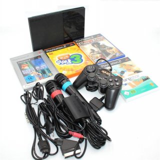 PlayStation 2 - PS2 Konsole, black + SingStar Pop Hits (inkl. Mikrofone) gebraucht